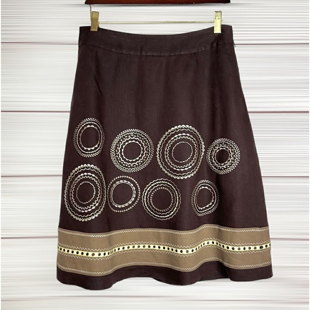 TALBOTS Vintage A-Line Chocolate Brown Linen Embroidered Knee Length Skirt US 8